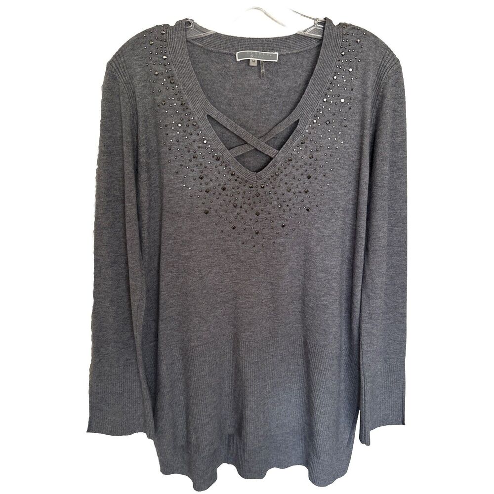 Liquid by Sioni Gray Sweater Top Size M Studded Blend Long Sleeve Embellished